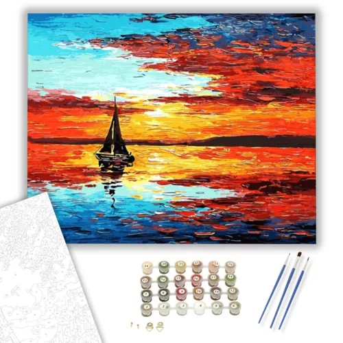 Vitorlás a Napnyugtában - számfestő készlet - Számfestő.hu - 40×50cm - keretre feszítve