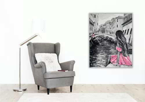 Rózsaszín Ruhás Hölgy - számfestő készlet - Számfestő.hu - 40×50cm - keretre feszítve