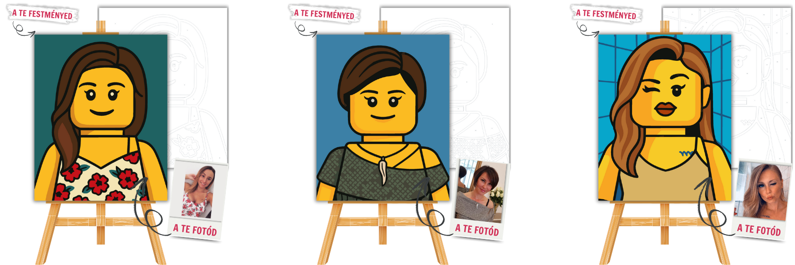 Legyél Te is egy ikonikus minifigura! Most valóban egyedi számfestő portréd lehet: a saját arcod játékfigura ihlette stílusban születik újjá! A Minifigura Stílus egyszerűsített, karakteres formáival jeleníti meg a valódi arcvonásokat, vidám és ikonikus megjelenést kölcsönözve. Jól kivehető vonások, letisztult színek és kedves karakter – mókás, mégis könnyen festhető stílus.