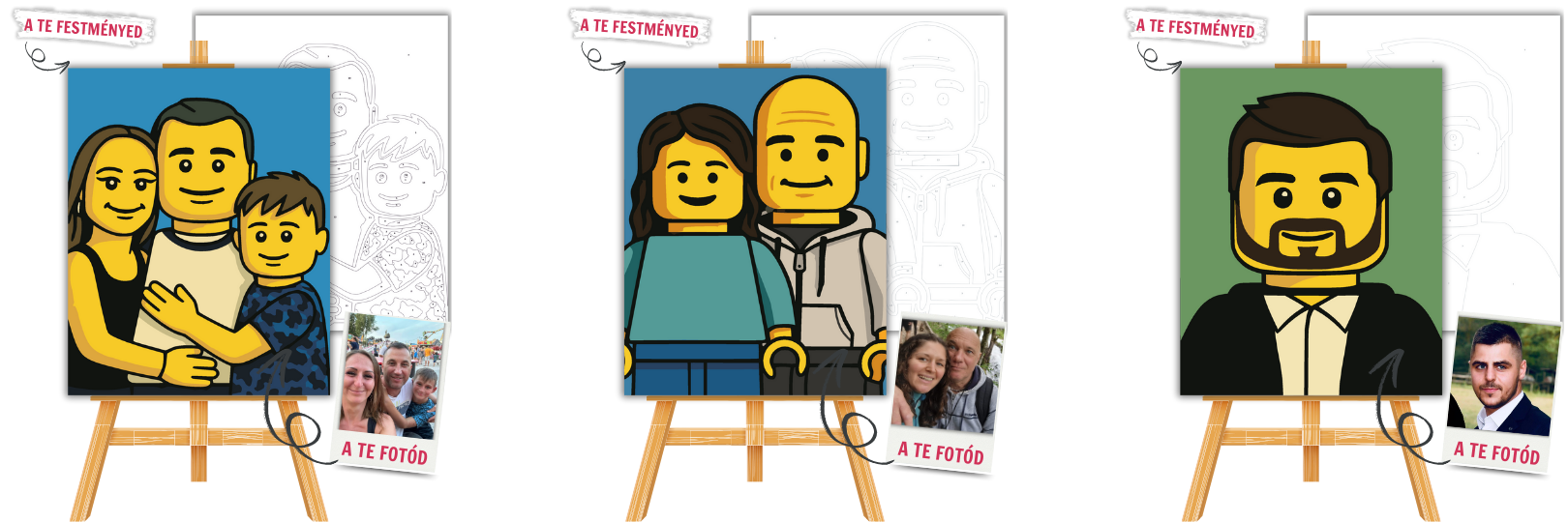 Legyél Te is egy ikonikus minifigura! Most valóban egyedi számfestő portréd lehet: a saját arcod játékfigura ihlette stílusban születik újjá! A Minifigura Stílus egyszerűsített, karakteres formáival jeleníti meg a valódi arcvonásokat, vidám és ikonikus megjelenést kölcsönözve. Jól kivehető vonások, letisztult színek és kedves karakter – mókás, mégis könnyen festhető stílus.