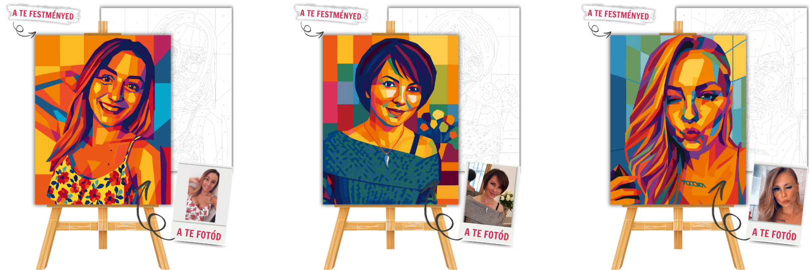 Lépj be a geometrikus színvilágba! Küldd be a fotódat, és mi azt egyedi WPAP stílusban alakítjuk át — egy színes, modern portrévá, amit te magad festhetsz meg! A WPAP (Wedha’s Pop Art Portrait) stílus geometrikus, színblokkokból álló vizuális látványvilágot teremt, ami rendkívül festőbarát. Ha valami igazán modern, dinamikus és különleges festményt szeretnél, ez a Te stílusod!