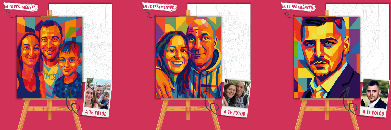 Lépj be a geometrikus színvilágba! Küldd be a fotódat, és mi azt egyedi WPAP stílusban alakítjuk át — egy színes, modern portrévá, amit te magad festhetsz meg! A WPAP (Wedha’s Pop Art Portrait) stílus geometrikus, színblokkokból álló vizuális látványvilágot teremt, ami rendkívül festőbarát. Ha valami igazán modern, dinamikus és különleges festményt szeretnél, ez a Te stílusod!