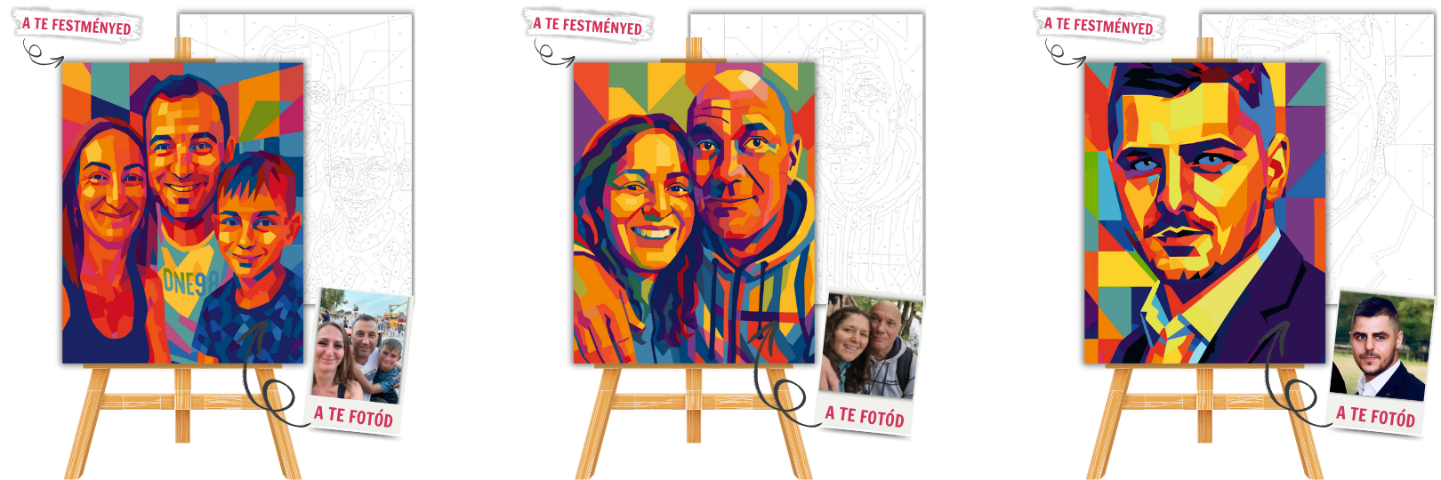 Lépj be a geometrikus színvilágba! Küldd be a fotódat, és mi azt egyedi WPAP stílusban alakítjuk át — egy színes, modern portrévá, amit te magad festhetsz meg! A WPAP (Wedha’s Pop Art Portrait) stílus geometrikus, színblokkokból álló vizuális látványvilágot teremt, ami rendkívül festőbarát. Ha valami igazán modern, dinamikus és különleges festményt szeretnél, ez a Te stílusod!