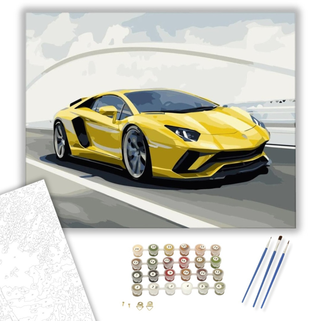Sárga Lamborghini - számfestő készlet – 40×50 cm (Keretre feszítve) - számfestő készlet