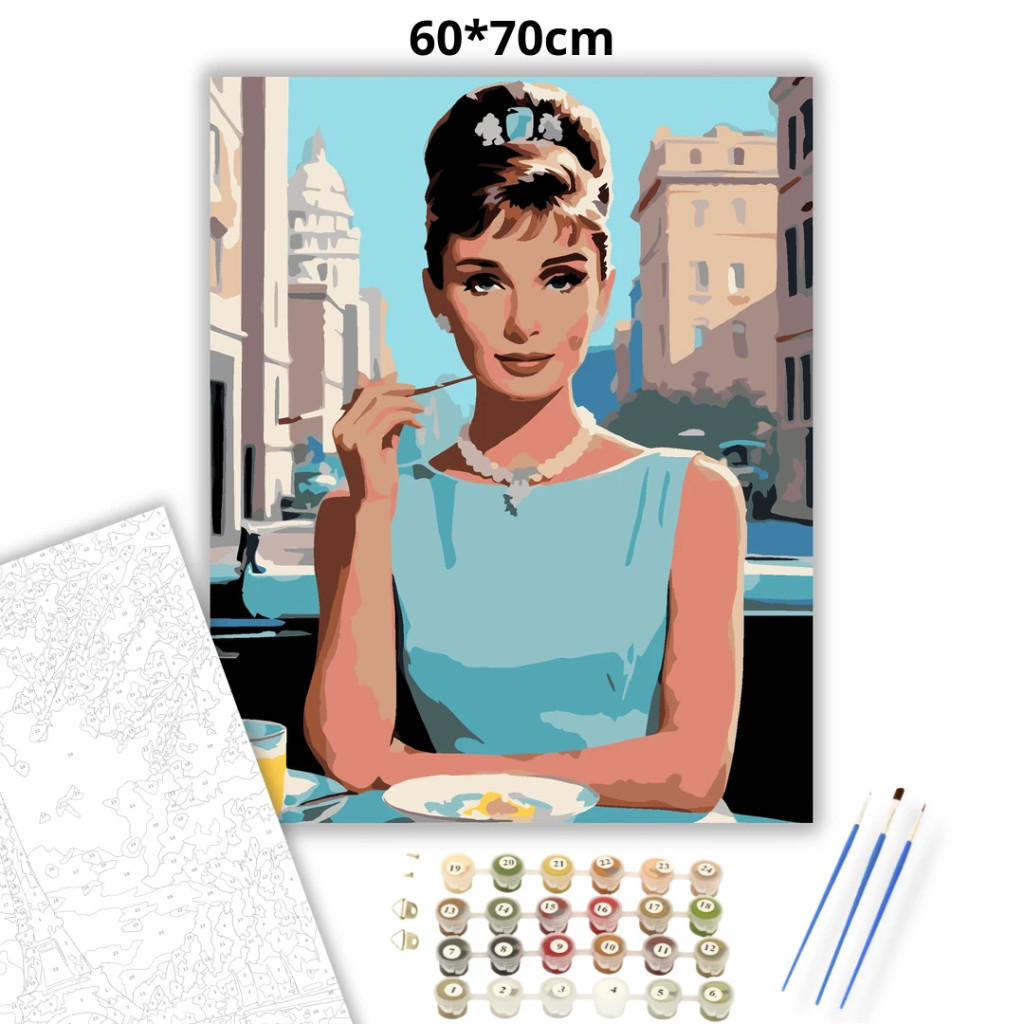 Audrey Hepburn - reggeli a Tiffanynál - számfestő készlet – 60×70 cm (Keret nélkül) - számfestő készlet