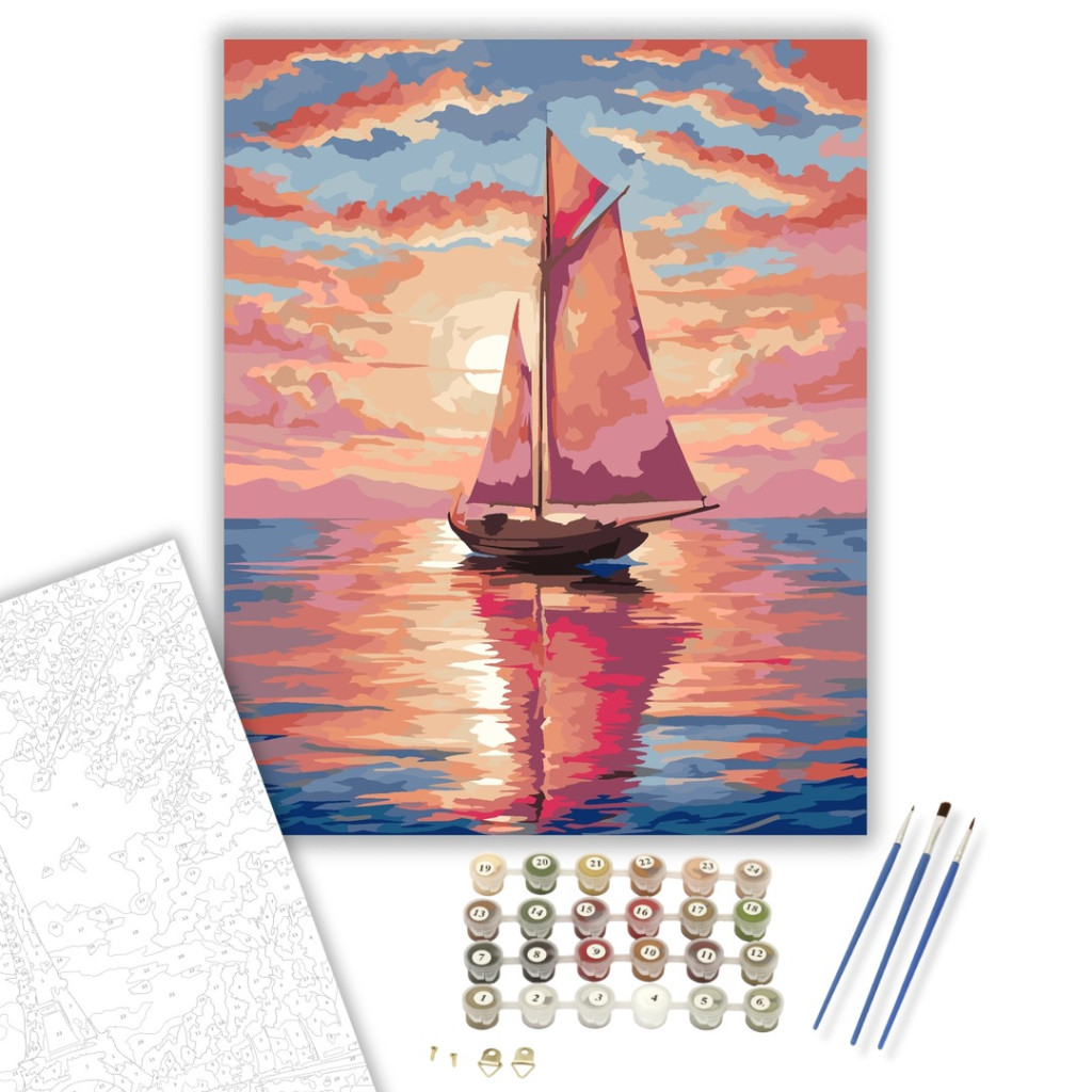 Vitorlás a Ragyogó Naplementében - számfestő készlet – 40×50 cm (Keretre feszítve) - számfestő készlet
