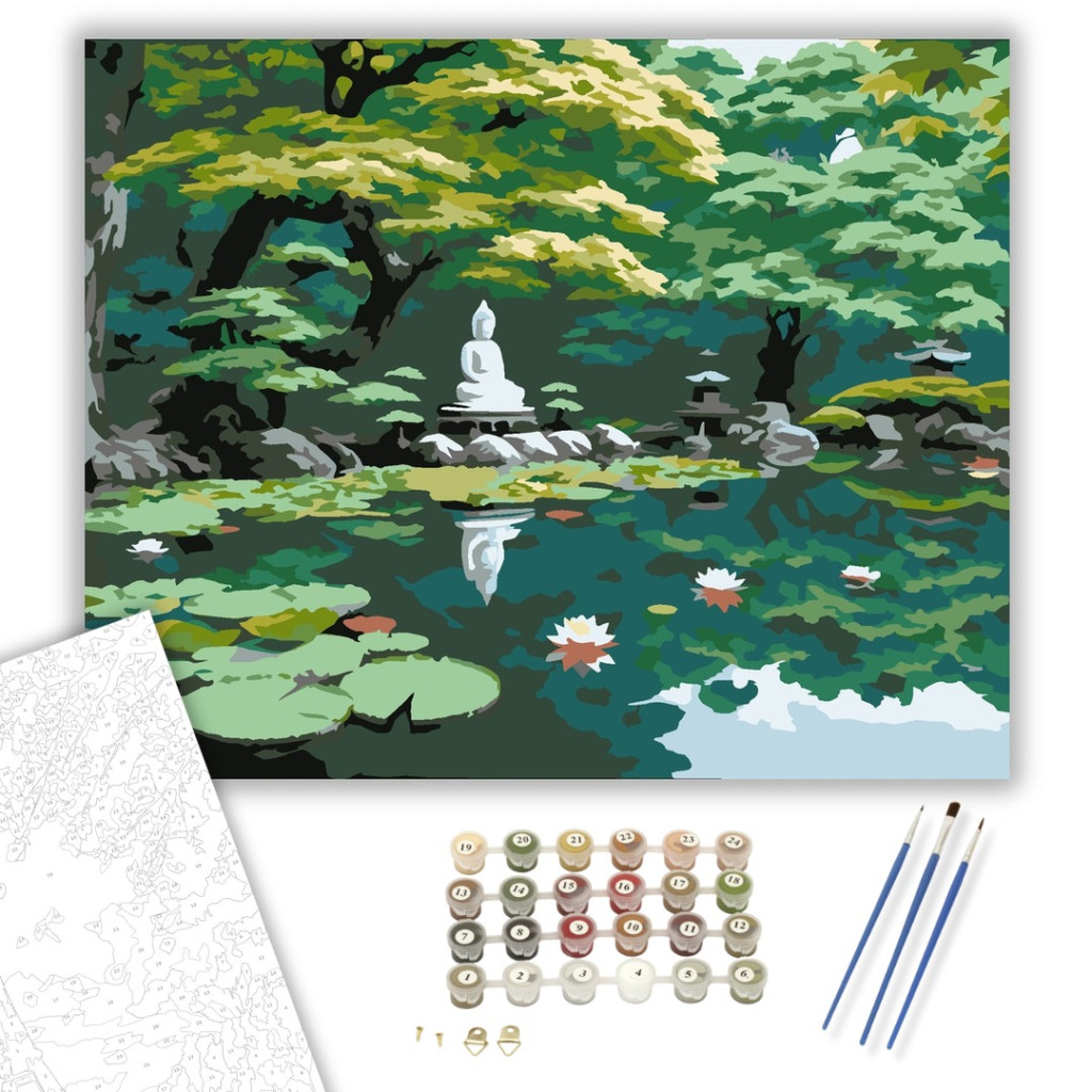 Japánkert Buddha Szoborral és Tavi Rózsákkal - számfestő készlet – 40×50 cm - számfestő készlet