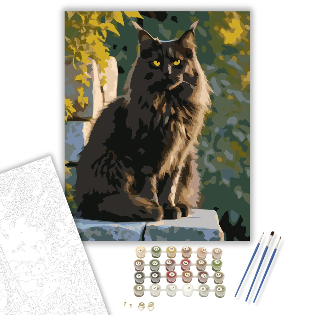 Fekete Maine Coon Kőfalon - számfestő készlet - számfestő készlet