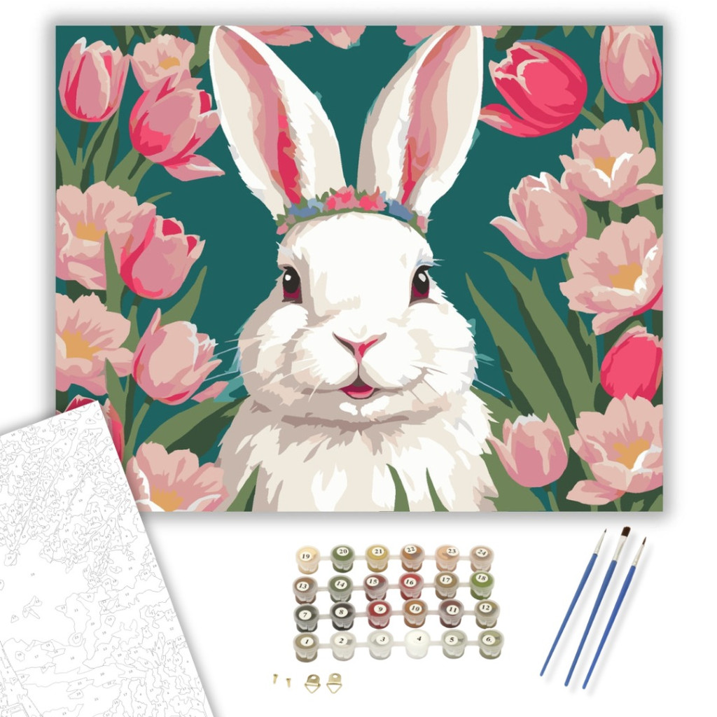 Virágkoszorús Nyuszi Tulipánok Között - számfestő készlet - számfestő készlet