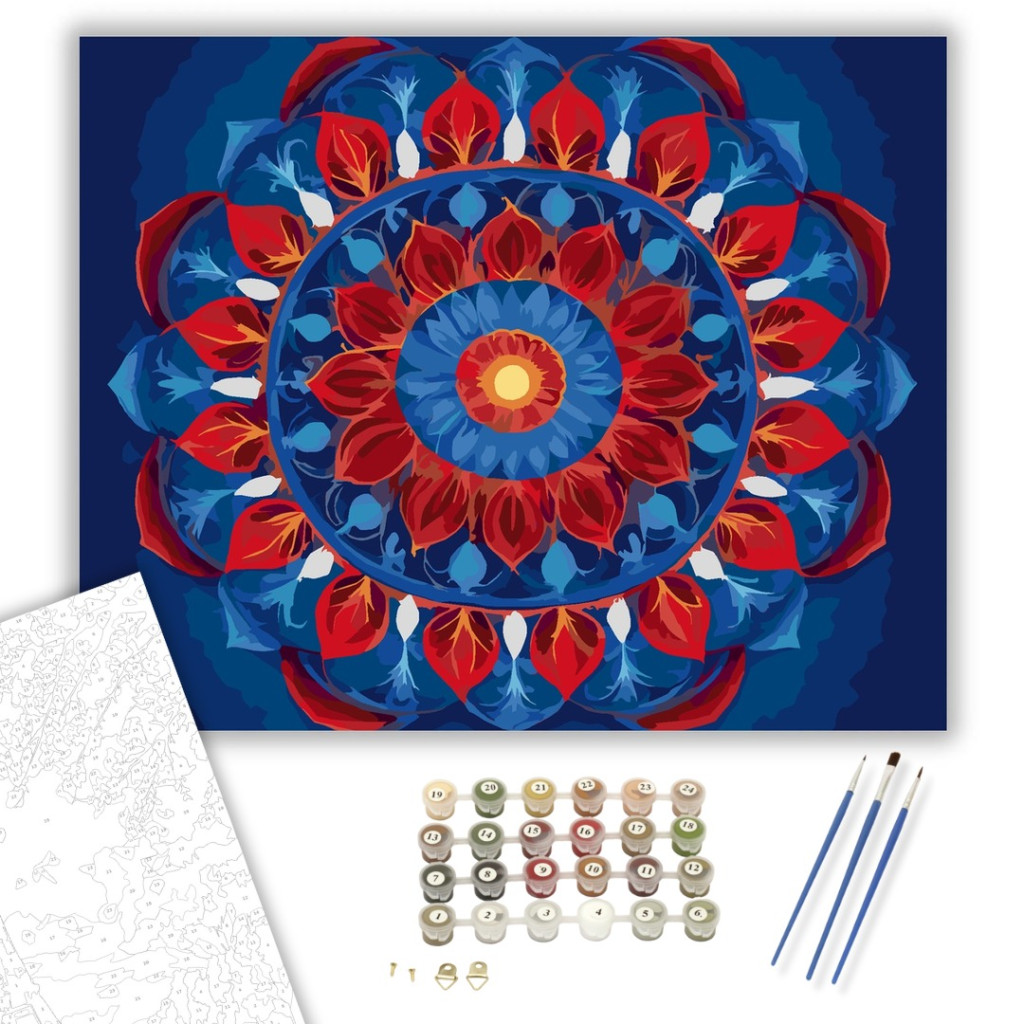 Szikrázó Mandala Vörös és Kék Színekkel - számfestő készlet - számfestő készlet