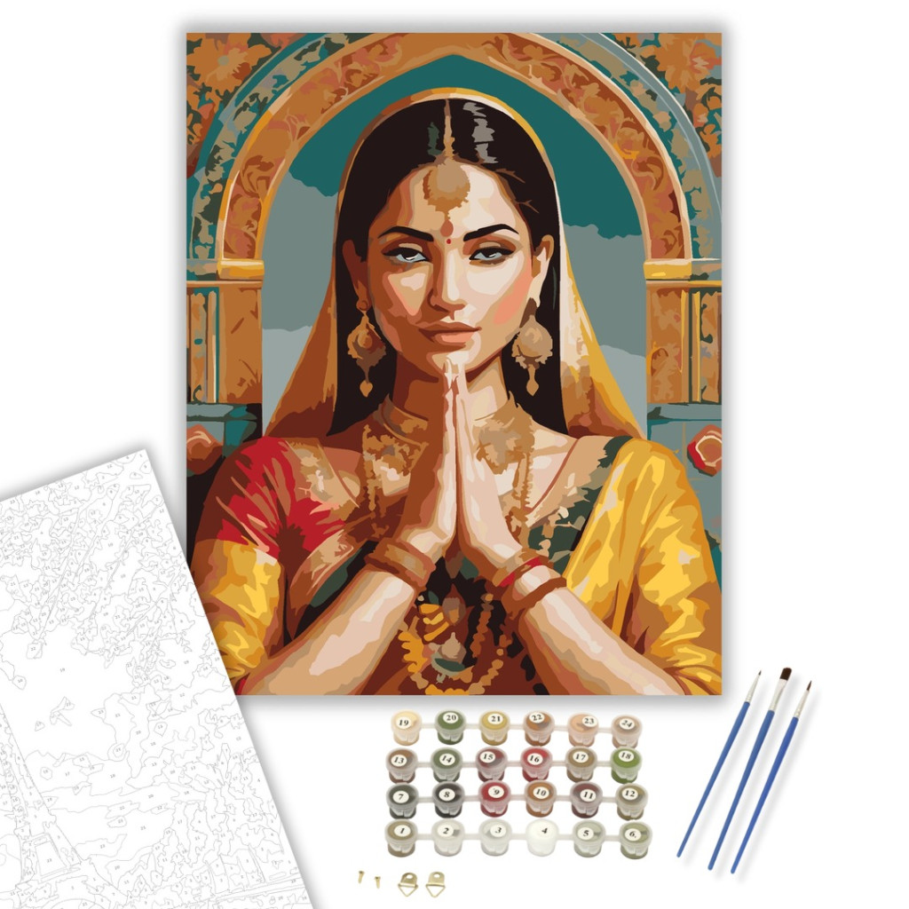Imádkozó Hindu Nő Arany Ékszerekkel - számfestő készlet - számfestő készlet