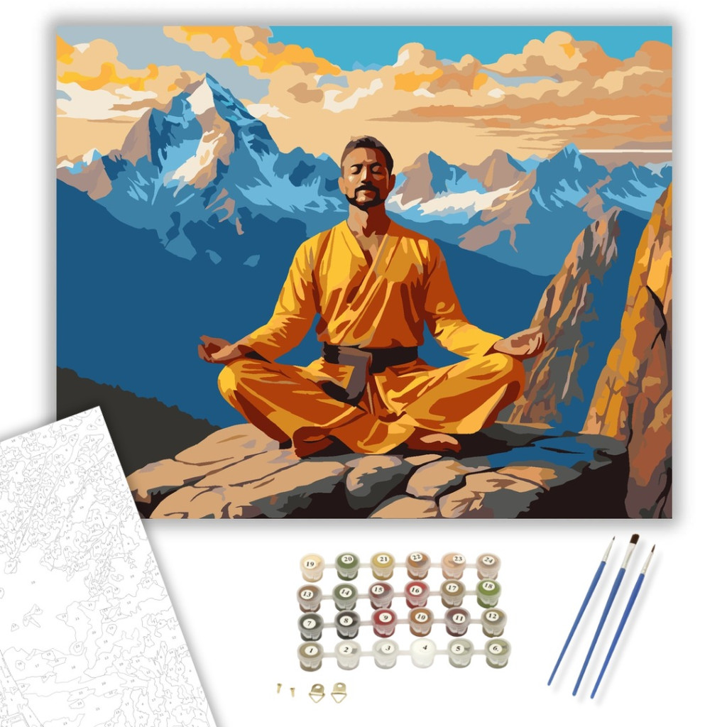Meditáló Férfi Hegycsúcson Naplementében - számfestő készlet - számfestő készlet