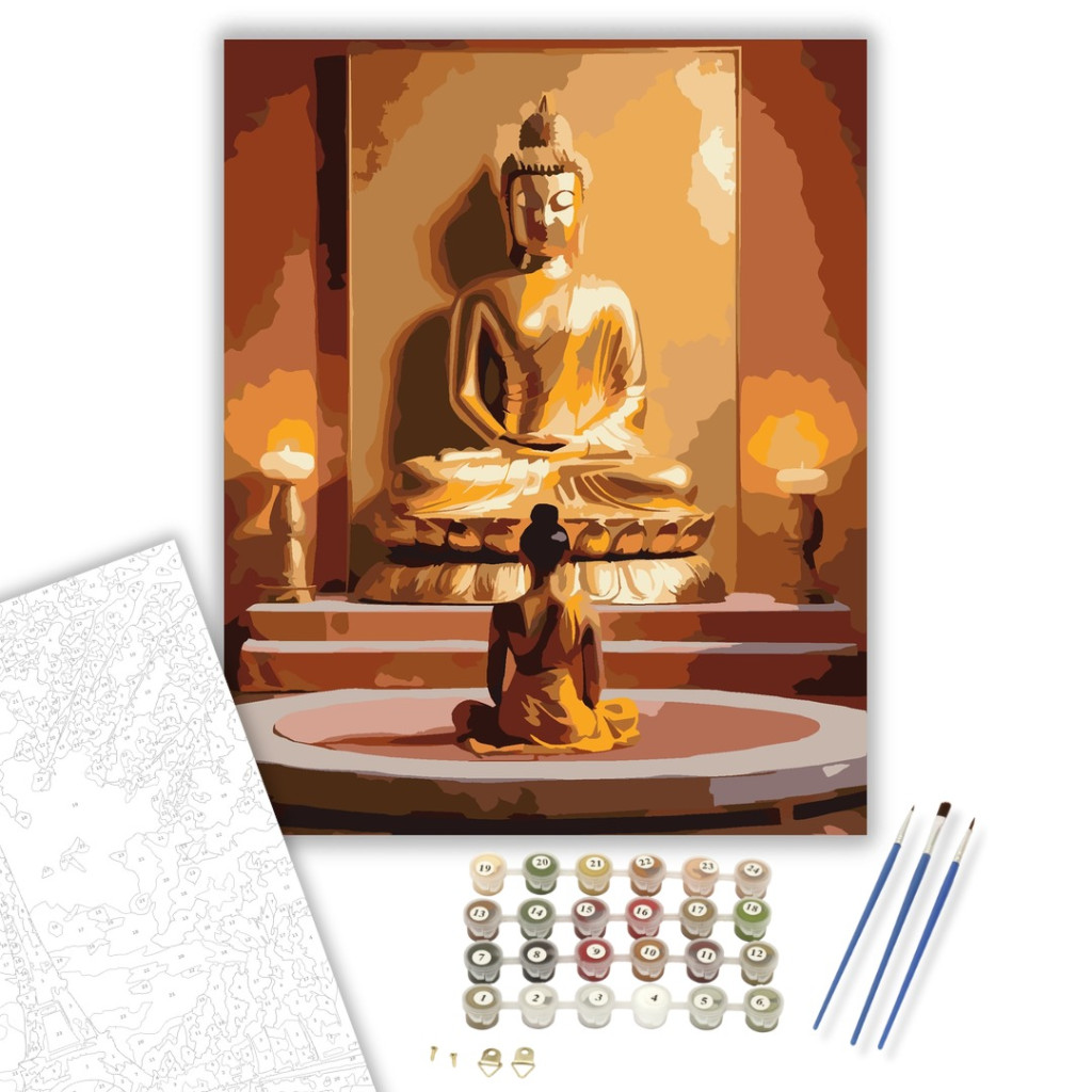 Meditáló Alak Arany Buddha Szobor előtt - számfestő készlet - számfestő készlet