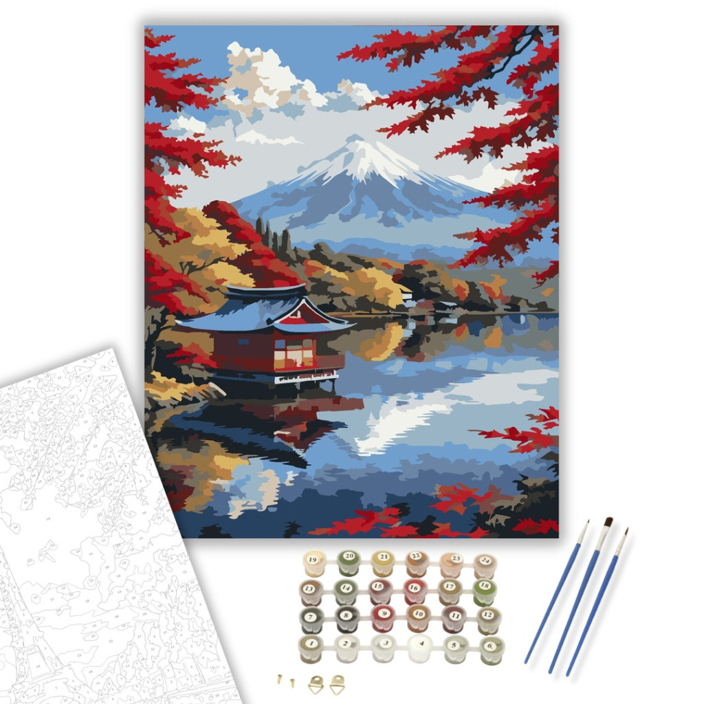 Fuji Hegy Őszi Tóparttal - számfestő készlet – 40×50 cm (Keretre feszítve) - számfestő készlet