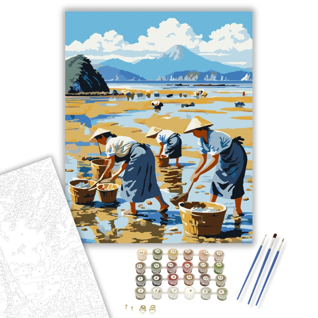 Japán Tengerpart Kagylógyűjtőkkel - számfestő készlet – 40×50 cm (Keretre feszítve) - számfestő készlet