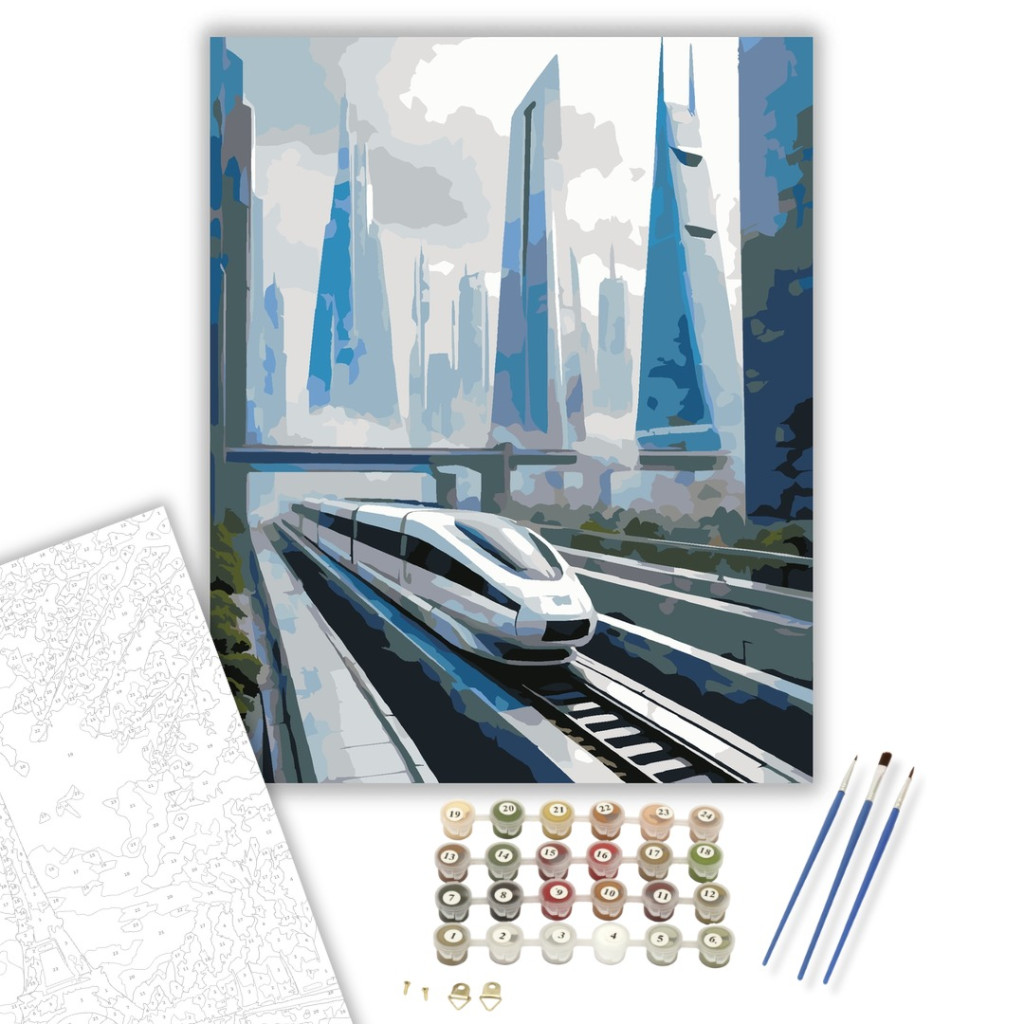 Futurisztikus Maglev Vonat Városi Skyline-nal - számfestő készlet - számfestő készlet