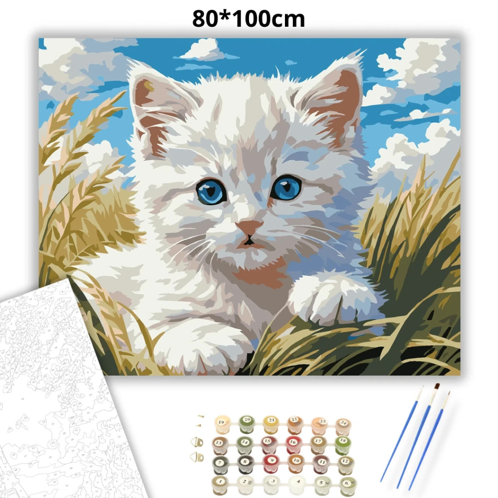 Derűs kiscica pillantása - számfestő készlet – 80×100 cm (Keret nélkül) - számfestő készlet