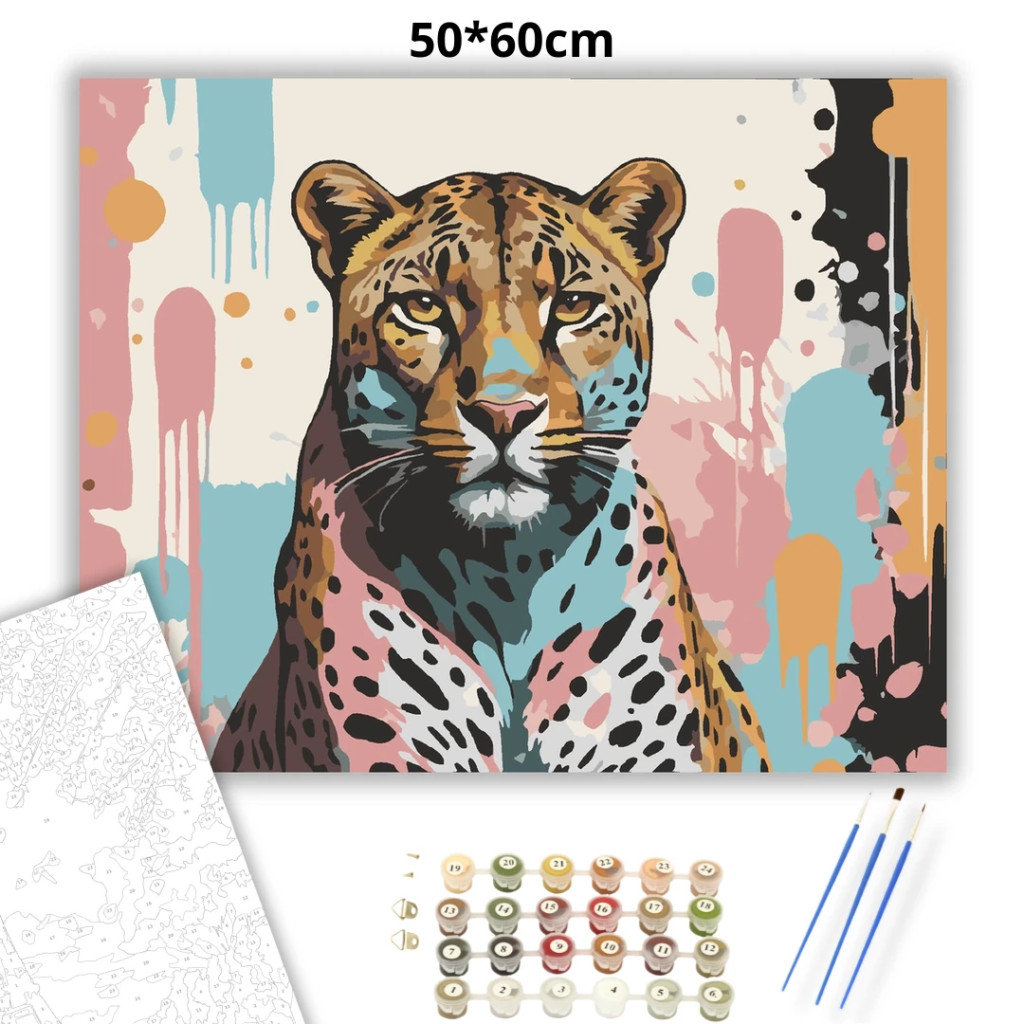 Energikus leopárd tekintet - számfestő készlet – 50×60 cm (Keret nélkül) - számfestő készlet