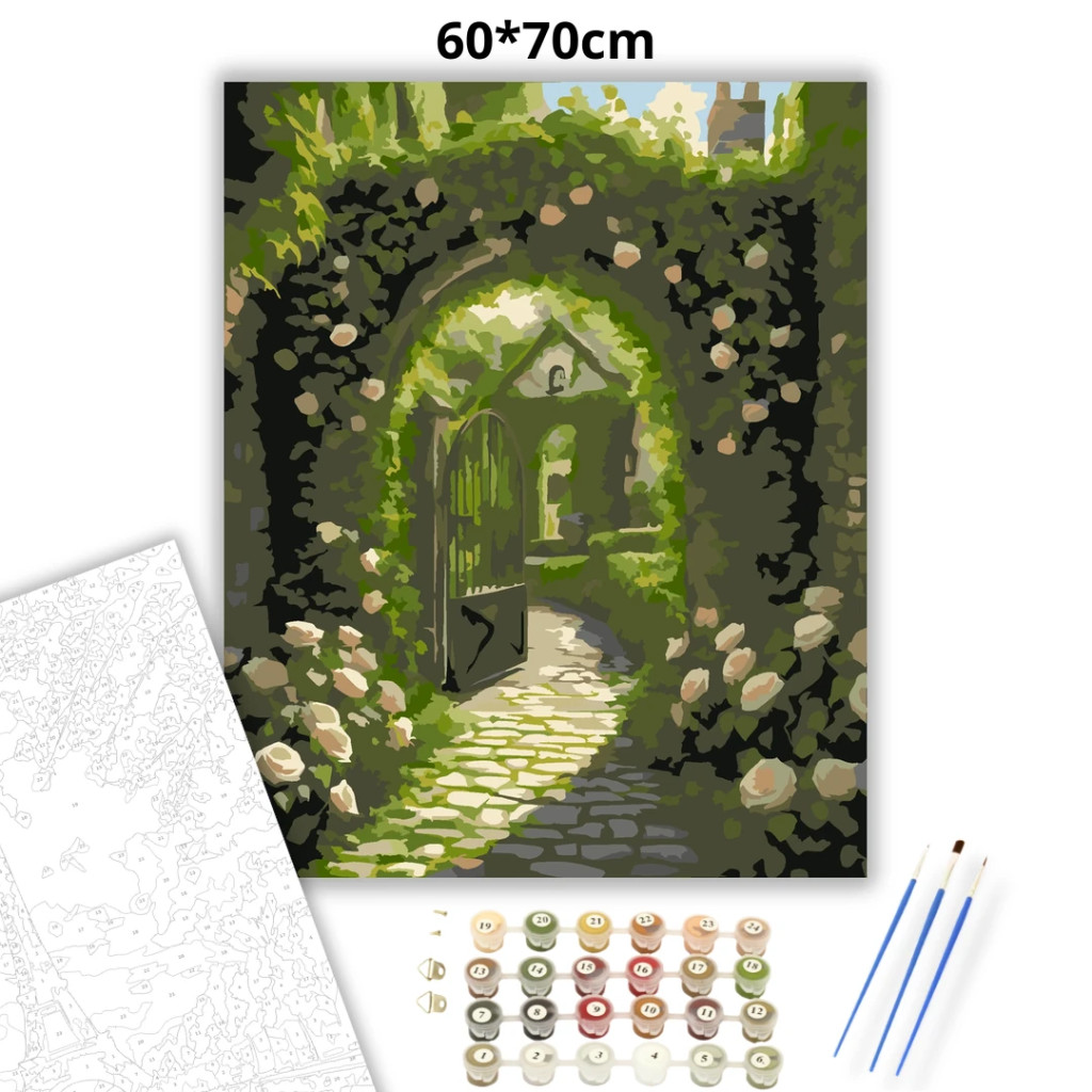 Mesés kerti kapu - számfestő készlet – 60×70 cm (Keret nélkül) - számfestő készlet