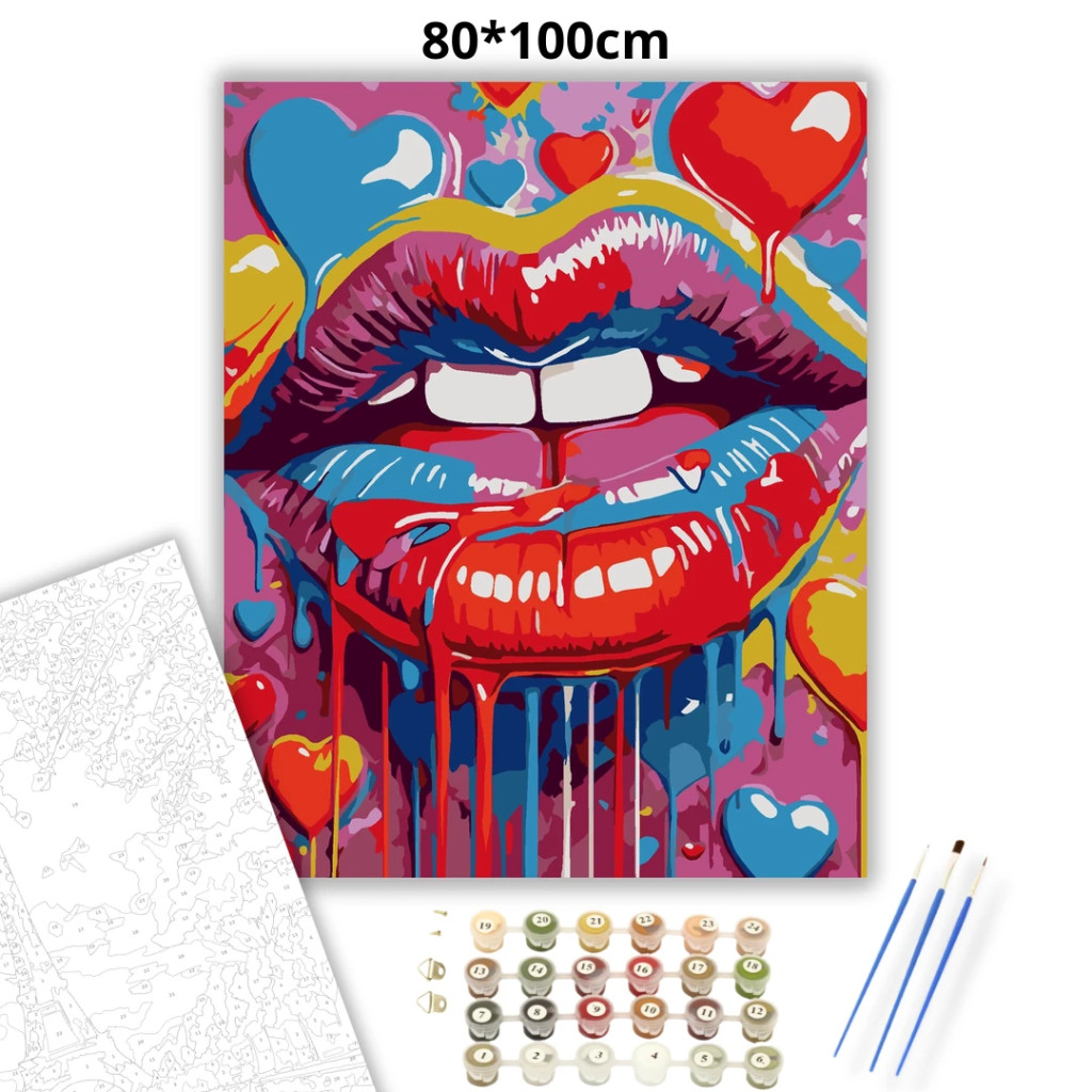 Csepegő ajkak - számfestő készlet – 80×100 cm (Keret nélkül) - számfestő készlet